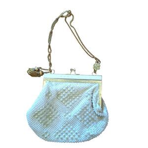 Vintage Beaded Handbag White & Gold Chain Strap Tassles Flower Evening Formal